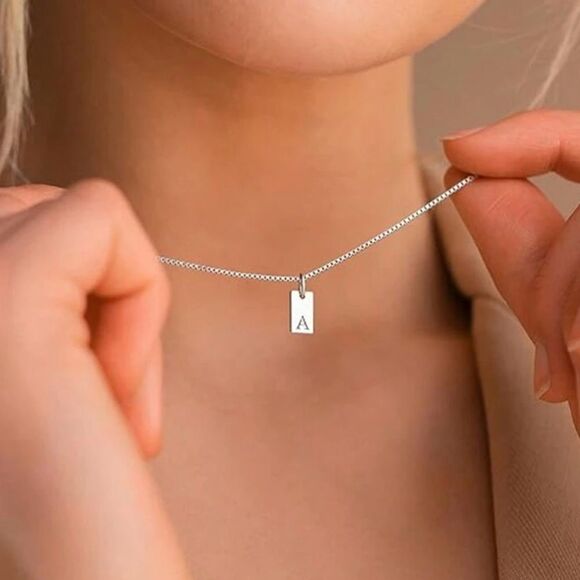 Silver plated Rectangular Tag letter “S” Engraving Pendant Necklace - Picture 7 of 14